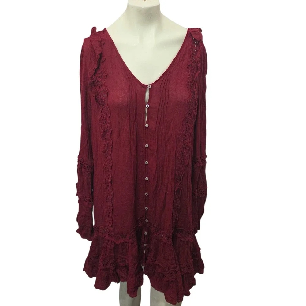 Free People Boho Tunic Dress Burgundy Lace Ruffle Long Sleeve Women's M